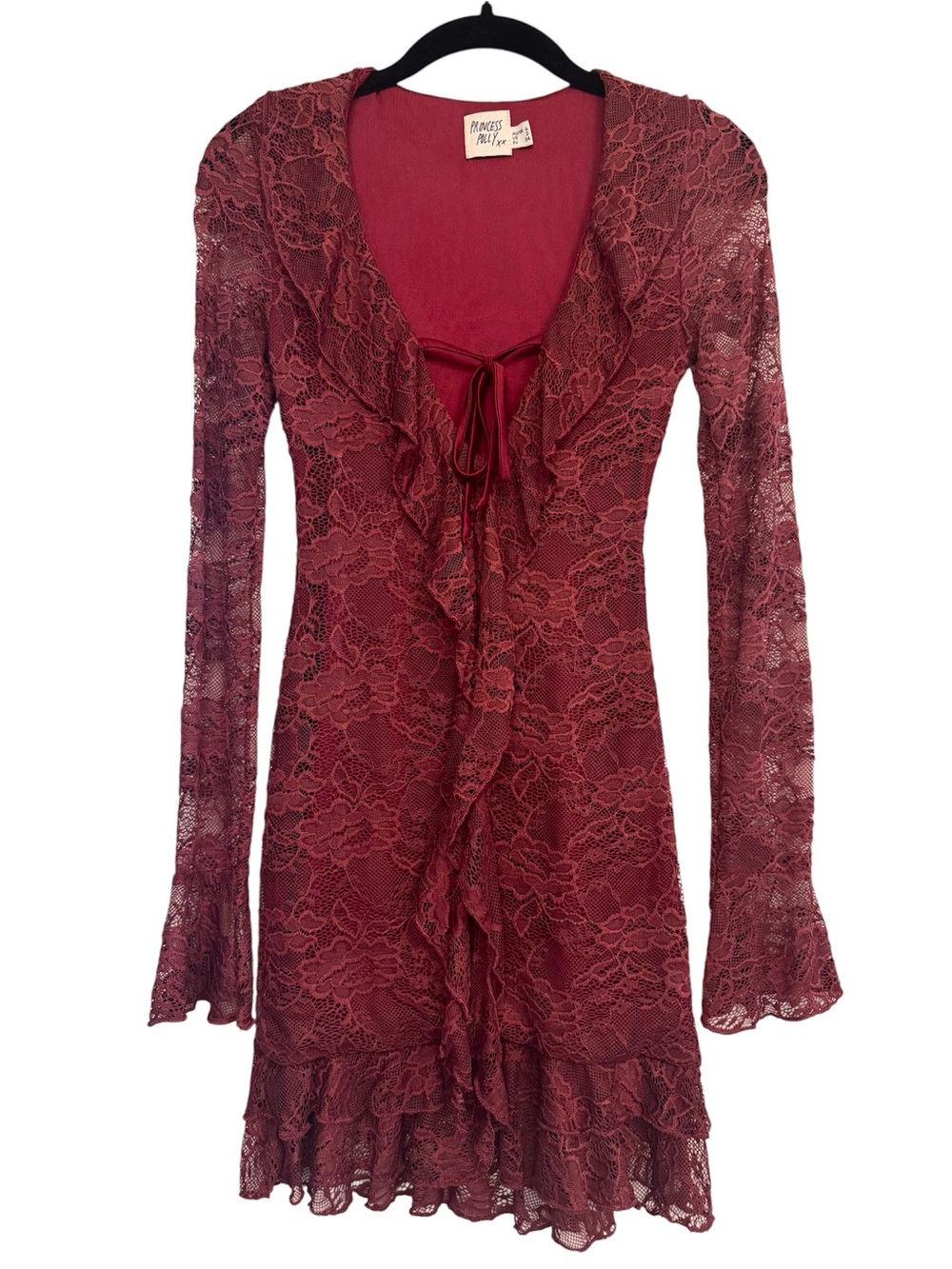 Princess Polly Sidonie Long Sleeve Lace Mini Dress Wine Red Burgundy Size 2